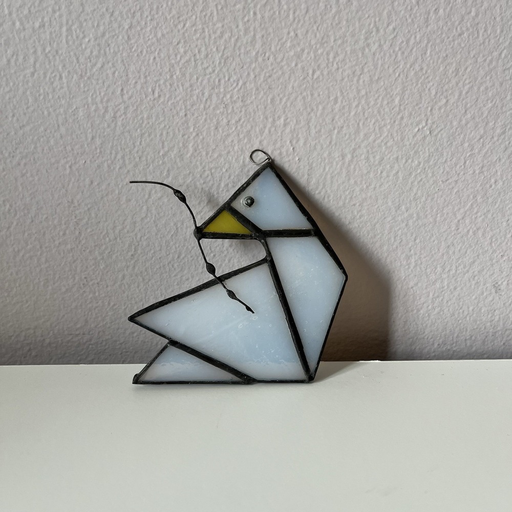 Vintage STAINED GLASS Hanging White Bird Sun Catcher 3.5"x3.5" Whimsical Origami